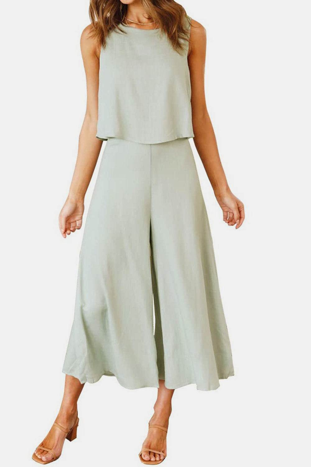 Round Neck Top and Wide Leg Pants Set - DaTrendStore.Com