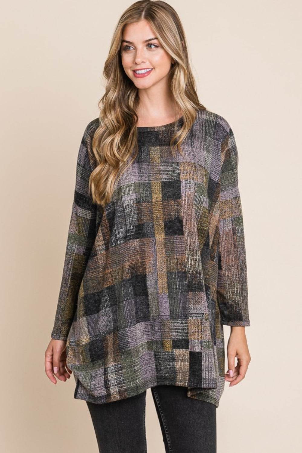 BOMBOM Plaid Round Neck Long Sleeve Top - DaTrendStore.Com