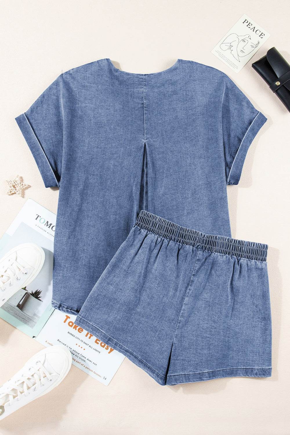 Round Neck Short Sleeve Top and Shorts Denim Set - DaTrendStore.Com