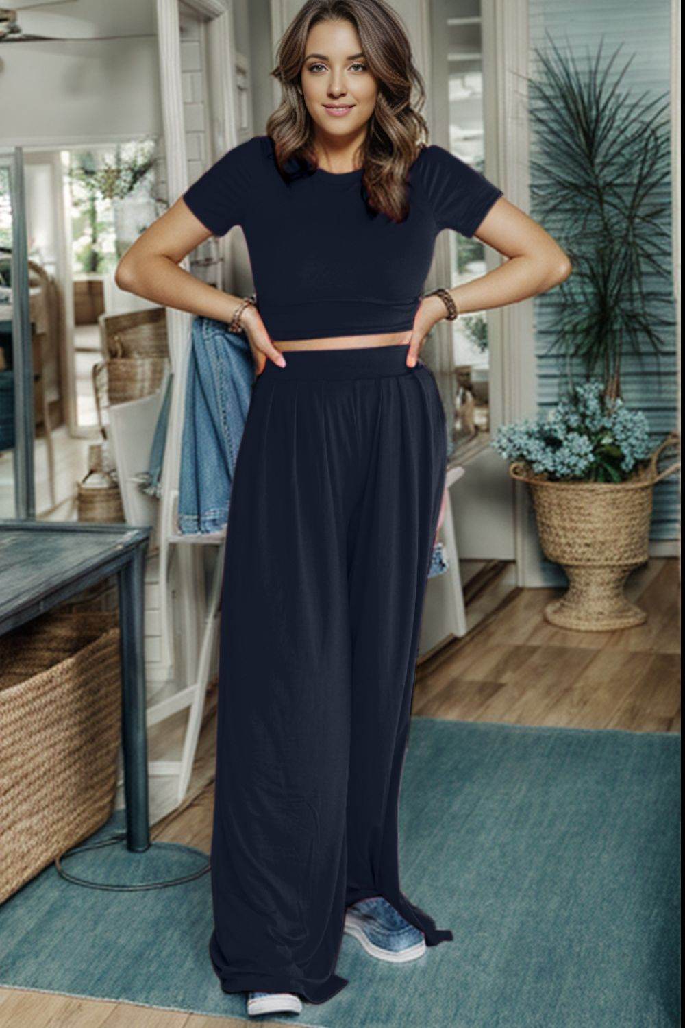 Short Sleeve Top and Wide Leg Pants Set - DaTrendStore.Com