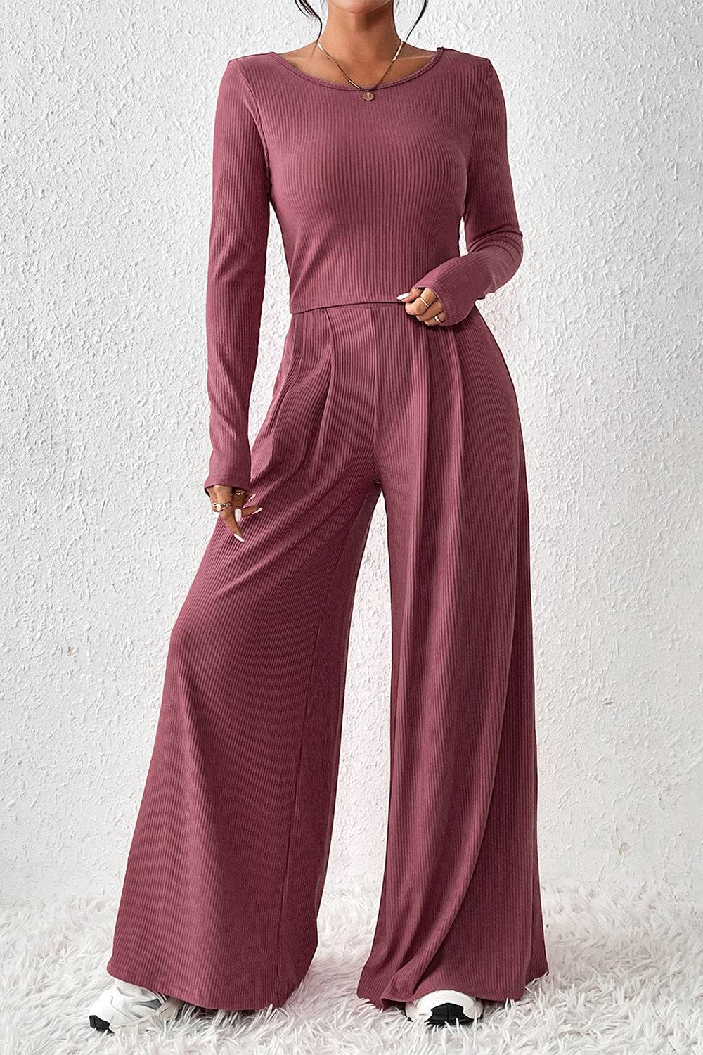 Ribbed Round Neck Top and Wide-Leg Pants Set - DaTrendStore.Com