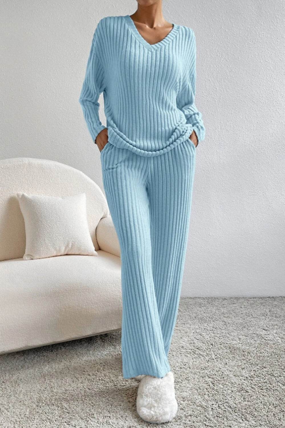 Ribbed V-Neck Top and Pants Set - DaTrendStore.Com