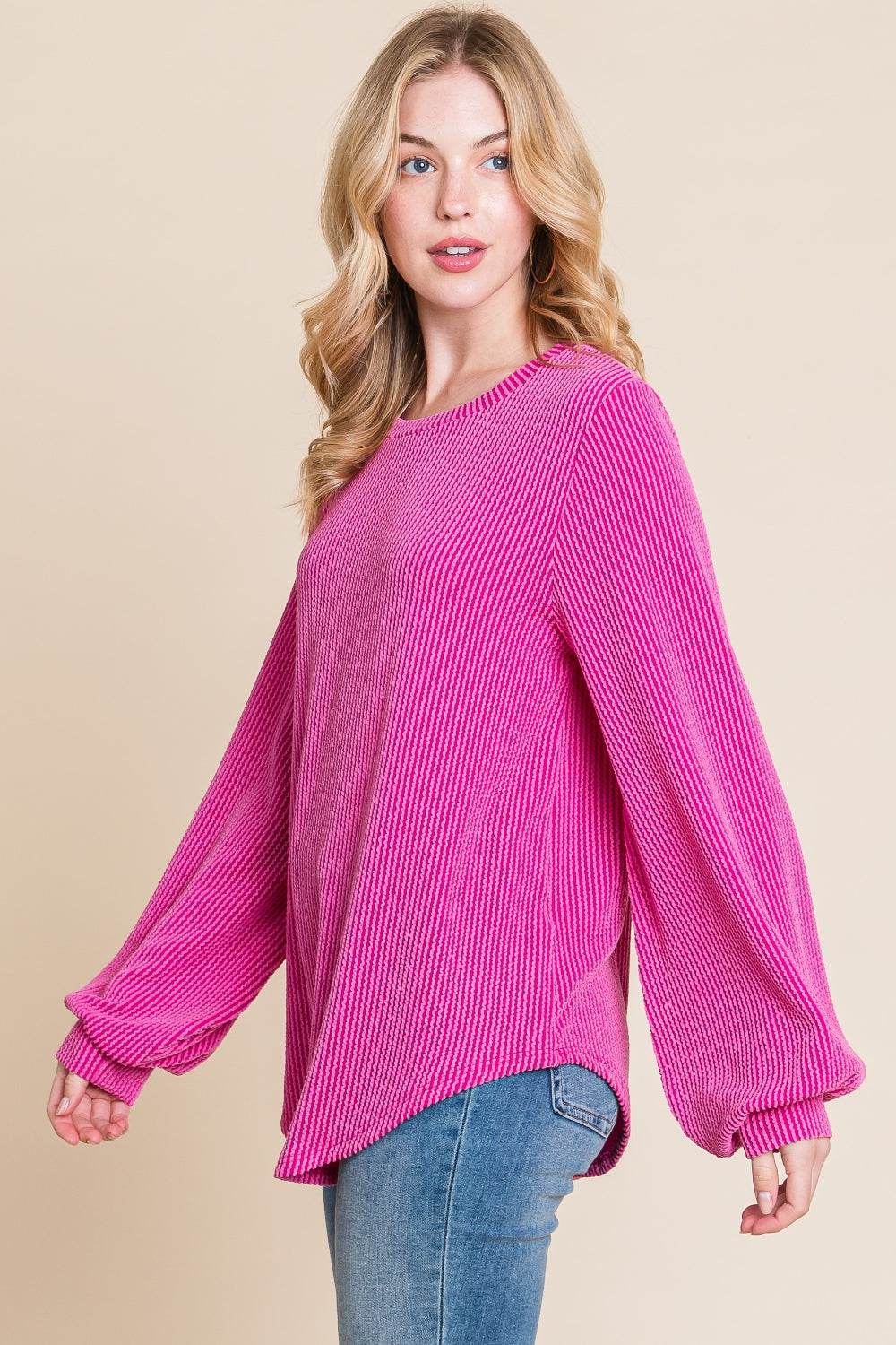 BOMBOM Long Sleeve Curved Hem Ribbed T-Shirt - DaTrendStore.Com