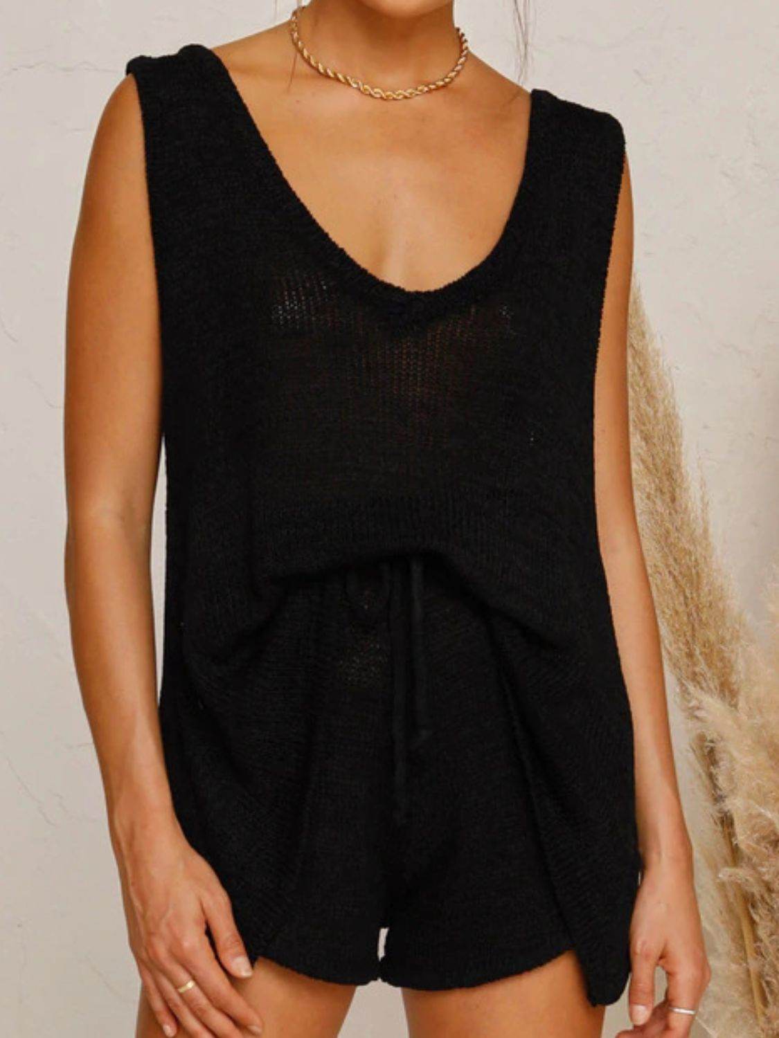 V-Neck Sleeveless Top and Drawstring Shorts Sweater Set - DaTrendStore.Com