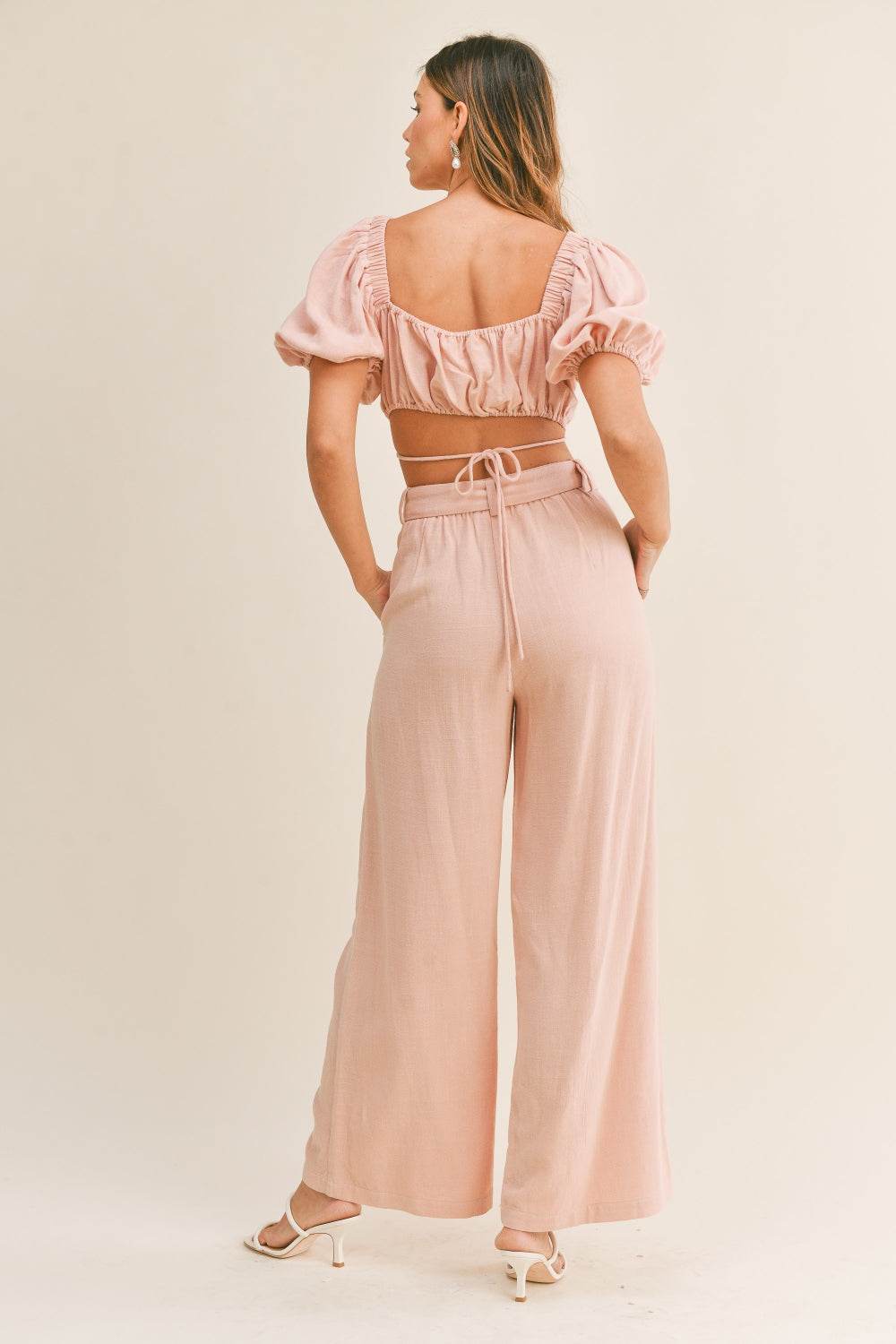 MABLE Cut Out Drawstring Crop Top and Belted Pants Set - DaTrendStore.Com