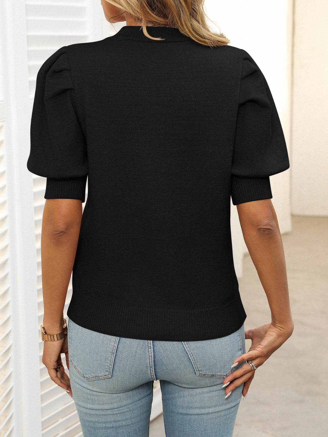 Mandy Mock Neck Puff Sleeve Sweater - DaTrendStore.Com