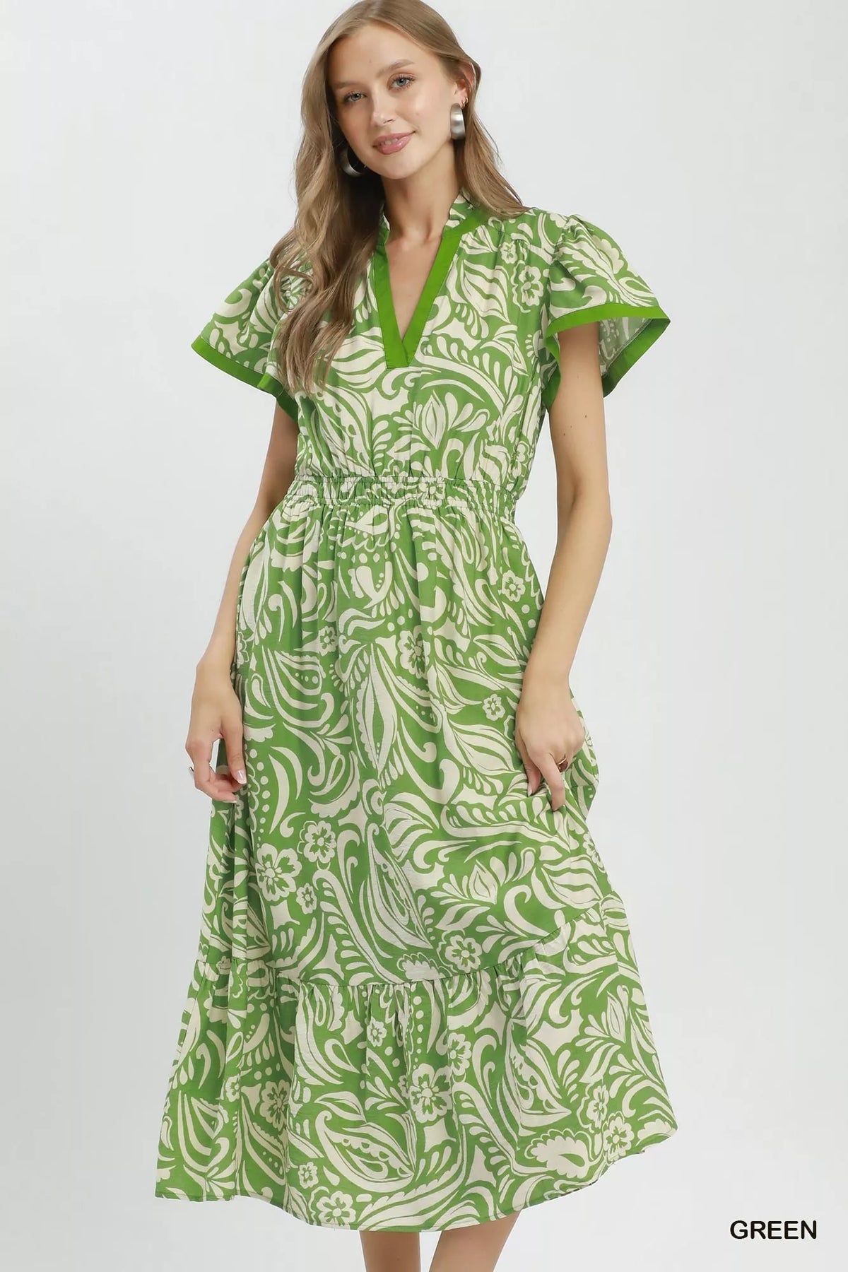 Umgee Paisley Print Midi Dress with Side Pockets - Green