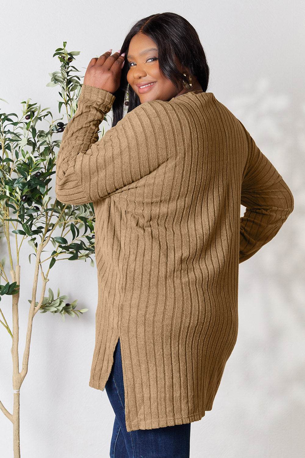 Basic Bae Full Size Ribbed Round Neck Long Sleeve Slit Top - DaTrendStore.Com