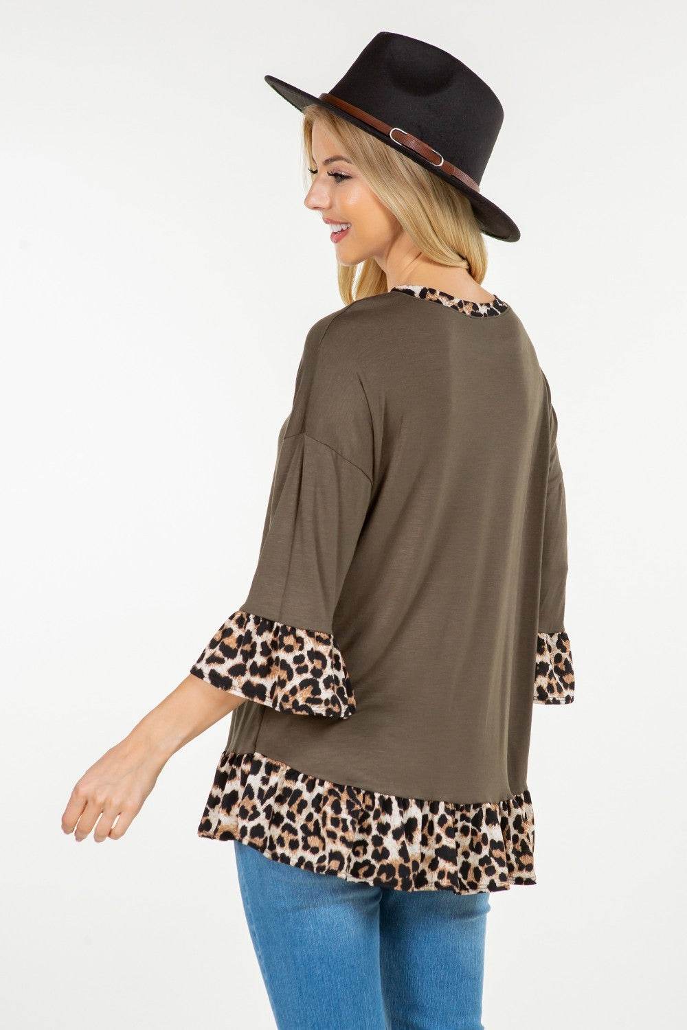 Celeste Full Size Flounce Sleeve Leopard Trim Top - DaTrendStore.Com