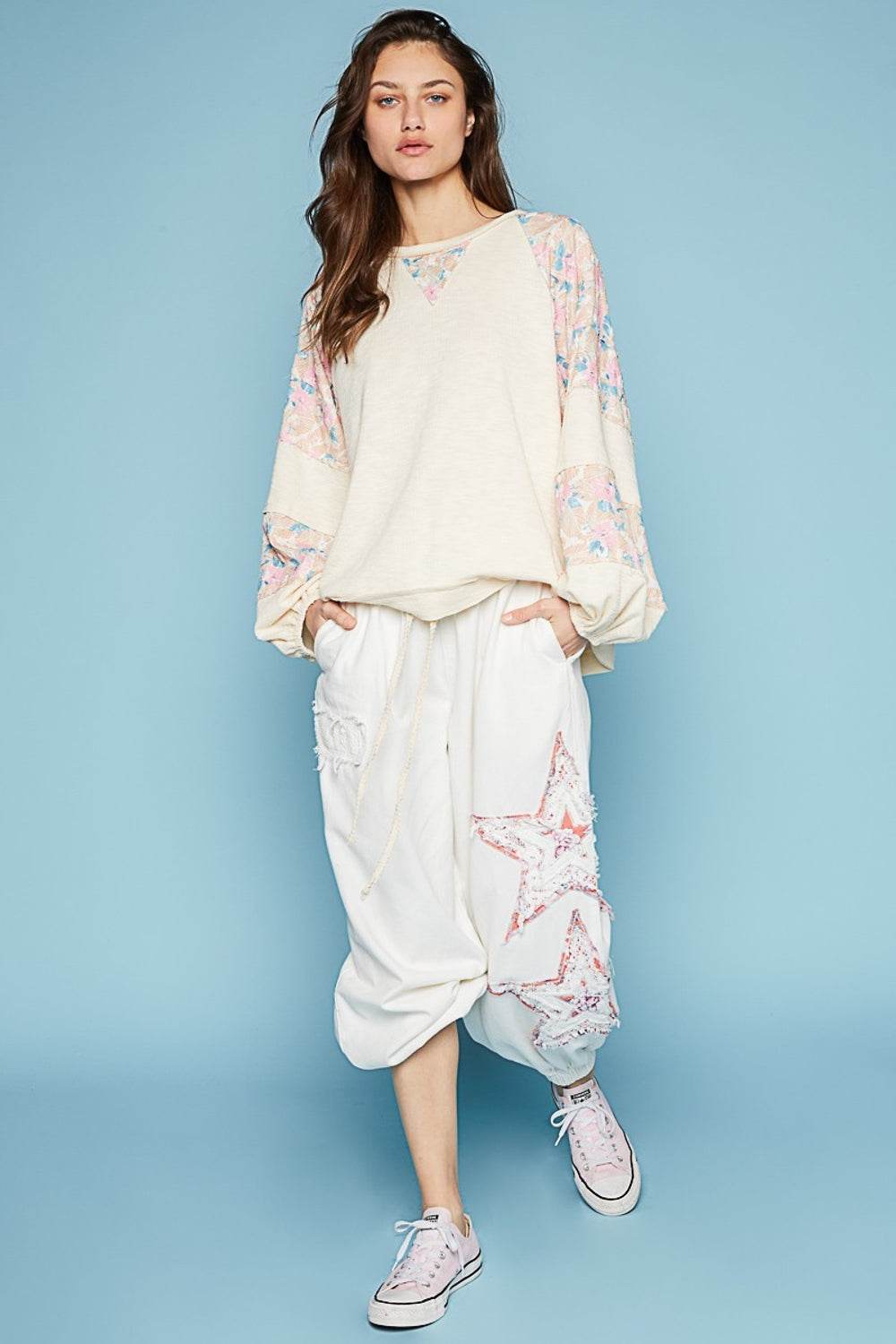 POL Round Neck Balloon Floral Long Sleeve Top - DaTrendStore.Com
