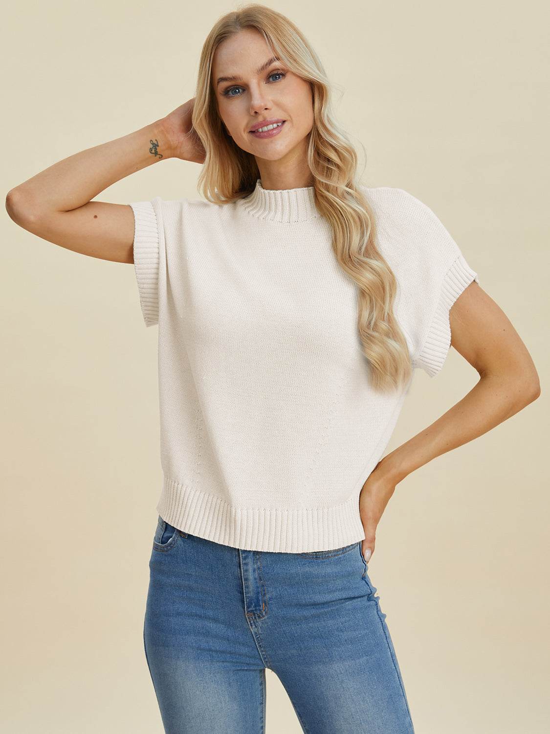 Double Take Full Size Mock Neck Short Sleeve Sweater - DaTrendStore.Com