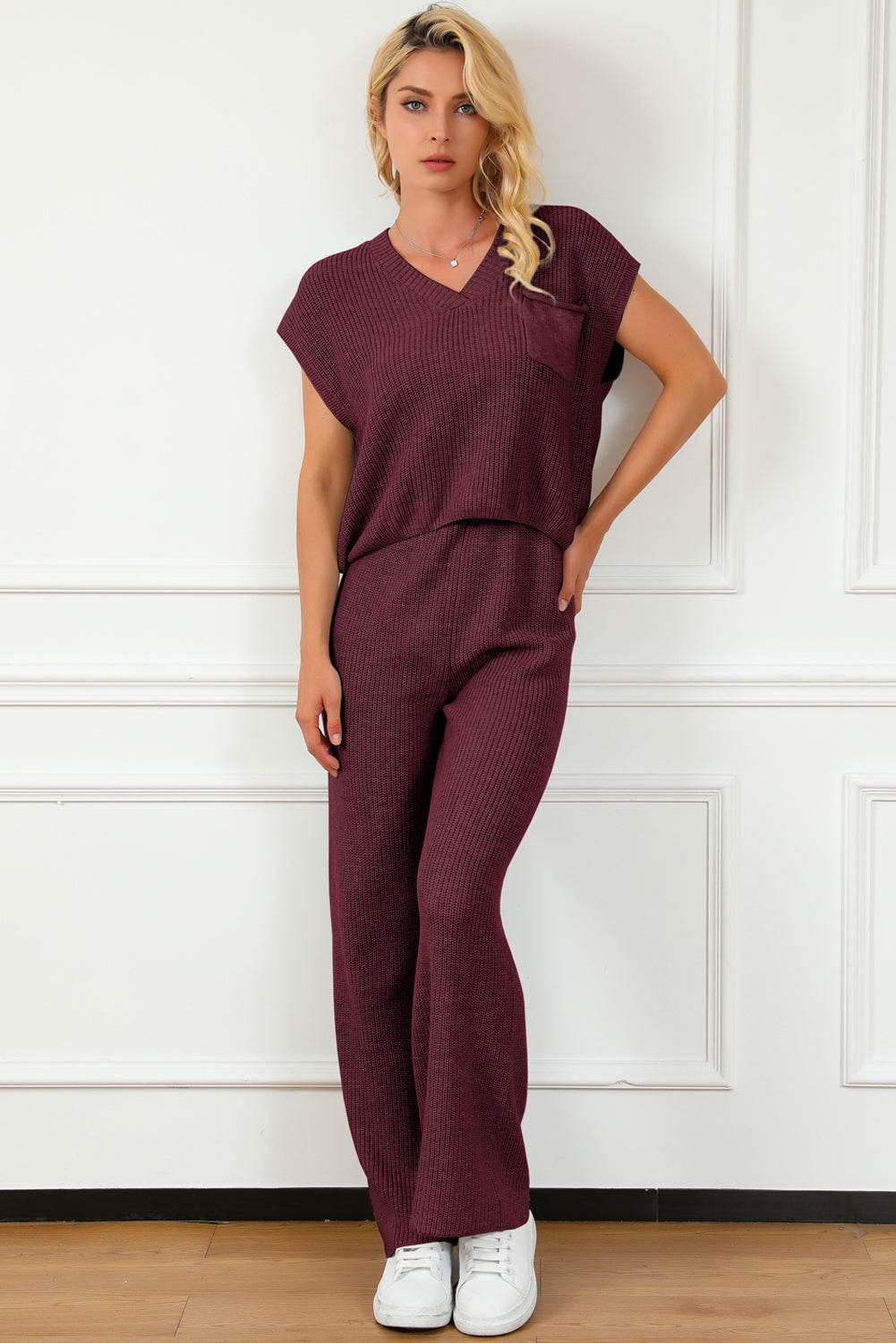 Pocketed V-Neck Top and Wide Leg Sweater Set - DaTrendStore.Com
