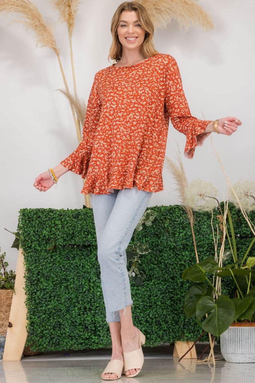 Celeste Full Size Floral Ruffle Detail Top - DaTrendStore.Com