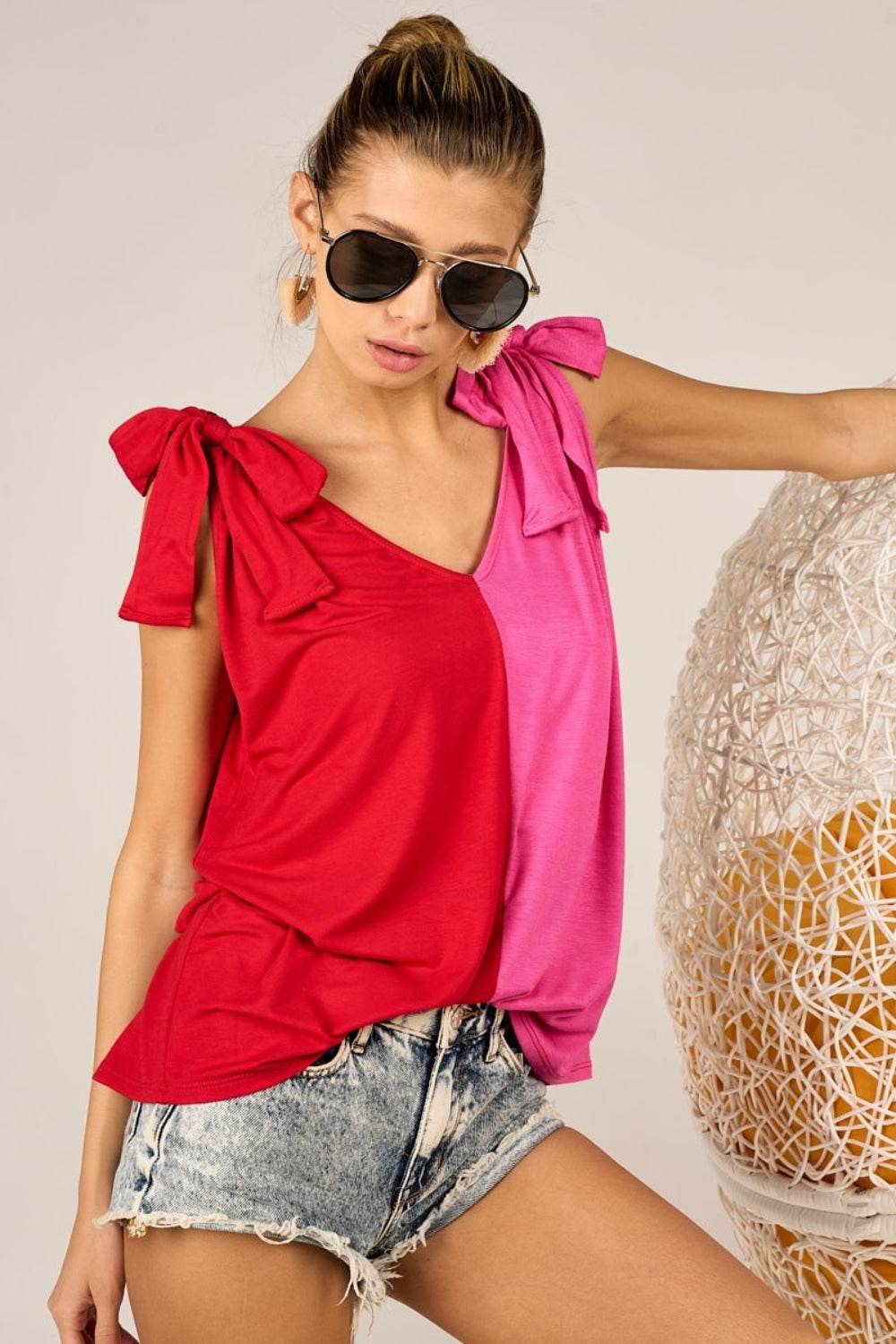 BiBi Shoulder Ribbon Tied Contrast Tank - DaTrendStore.Com