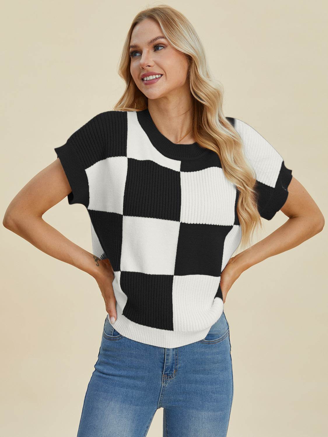Double Take Full Size Checkered Round Neck Short Sleeve Sweater - DaTrendStore.Com