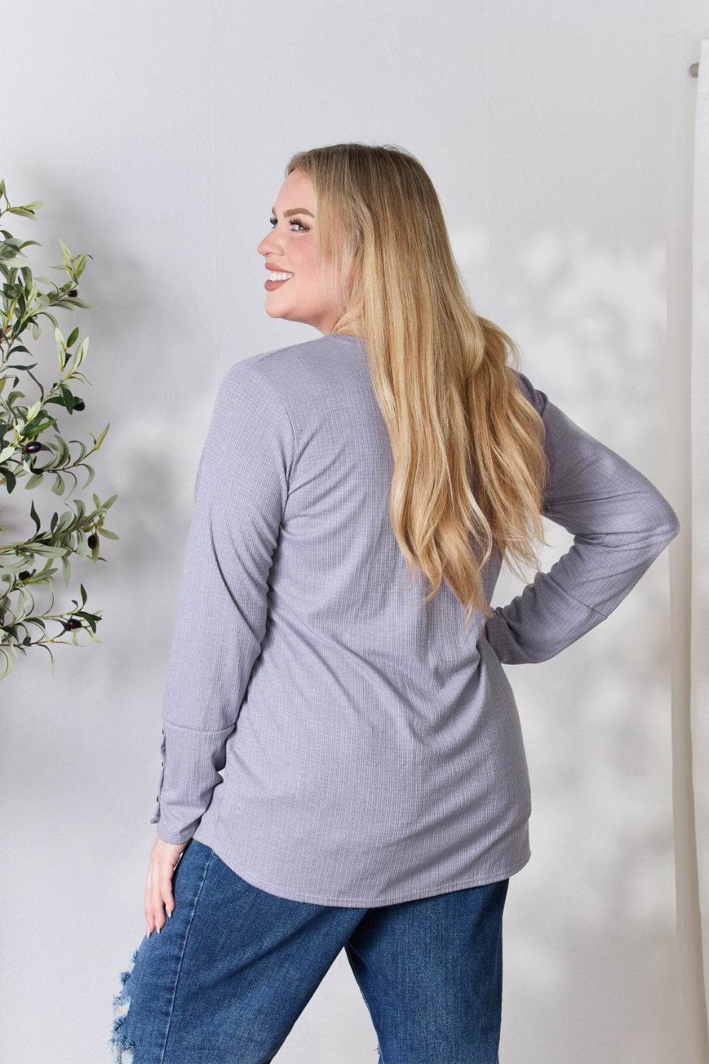 Heimish Full Size Texture Half Button Long Sleeve Top - DaTrendStore.Com