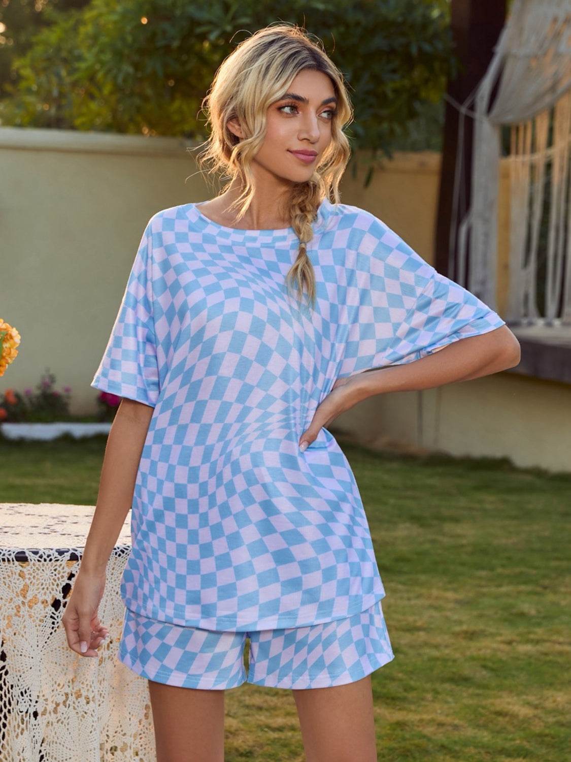 Plaid Round Neck Top and Shorts Lounge Set - DaTrendStore.Com