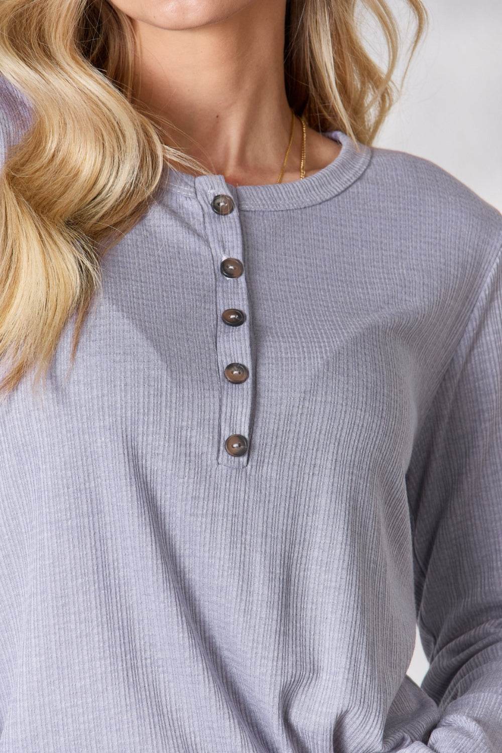 Heimish Full Size Texture Half Button Long Sleeve Top - DaTrendStore.Com