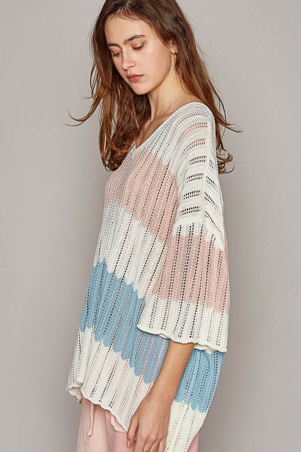 POL V-Neck Short Sleeve Stripe Weave Sweater - DaTrendStore.Com