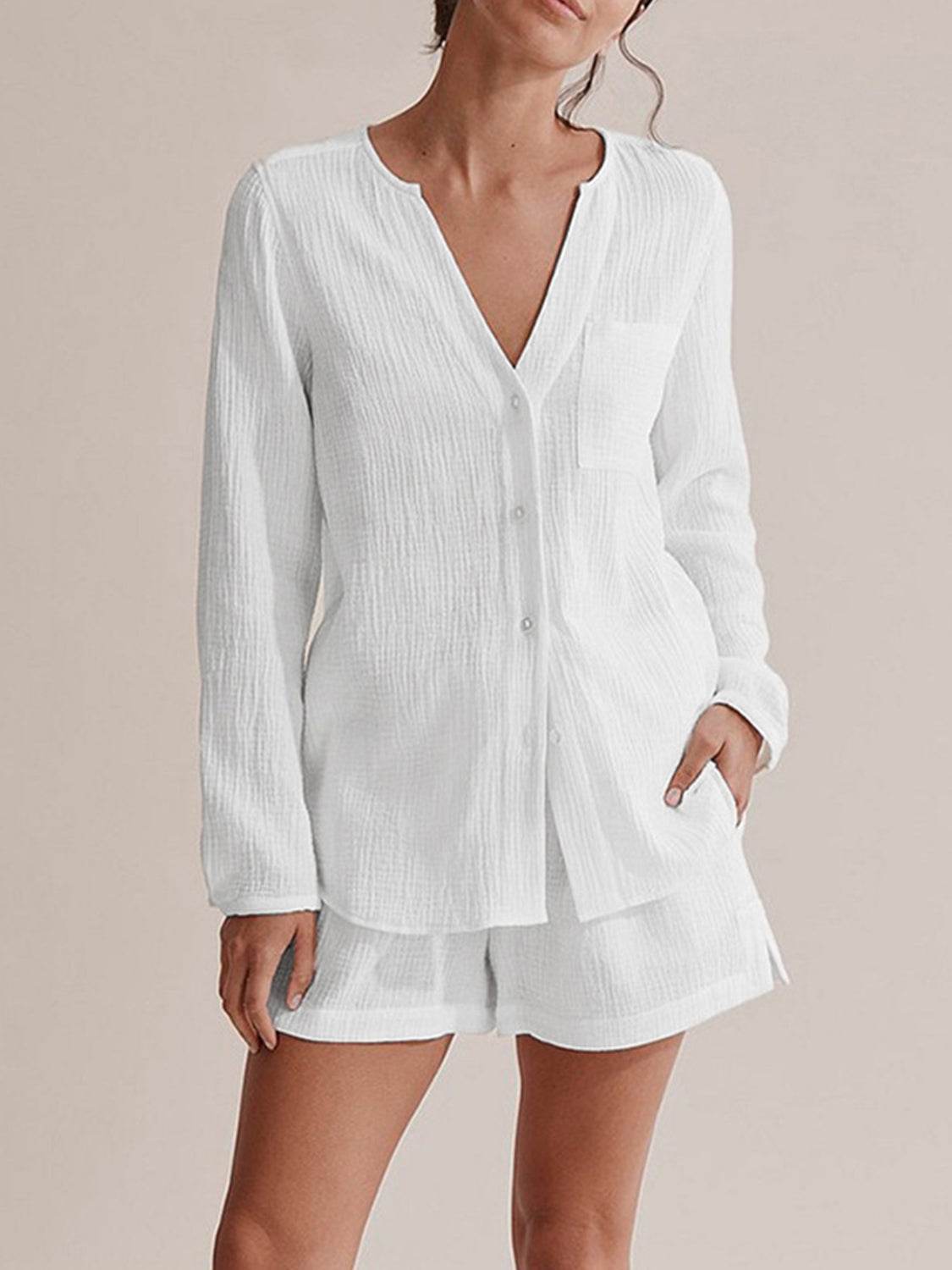 Notched Long Sleeve Top and Shorts Set - DaTrendStore.Com