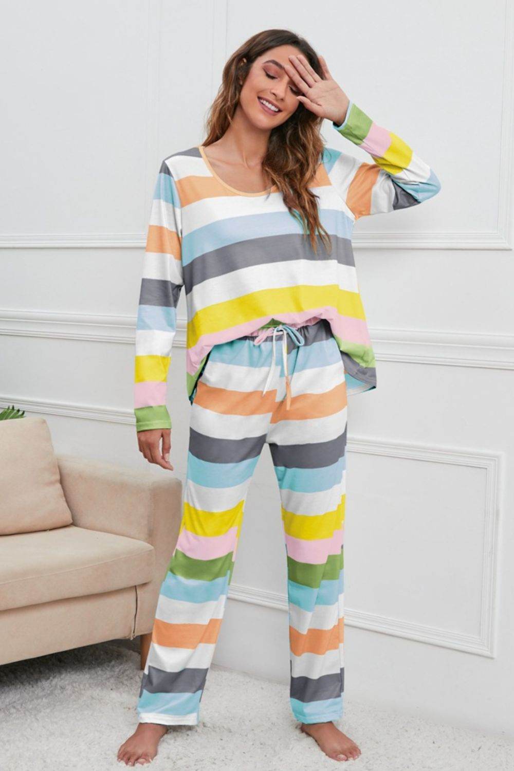 Striped Round Neck Long Sleeve Top and Drawstring Pants Lounge Set - DaTrendStore.Com