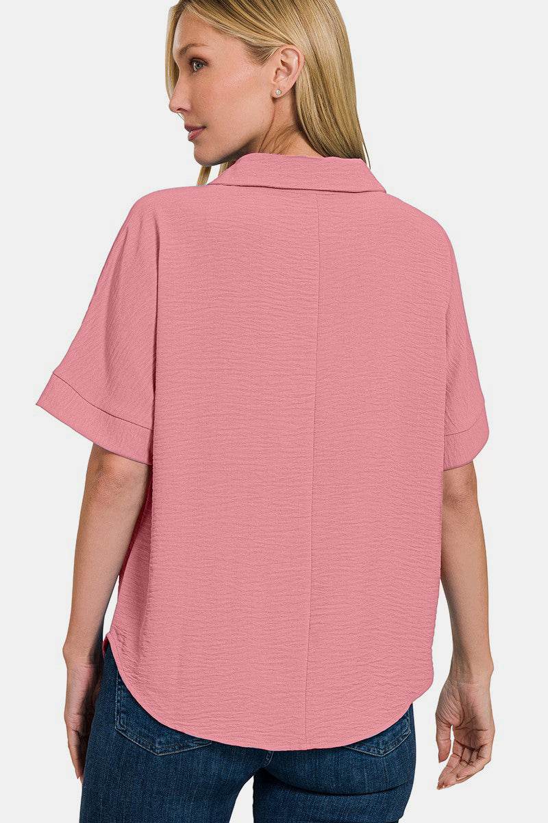 Zenana Texture Collared Neck Short Sleeve Top - DaTrendStore.Com