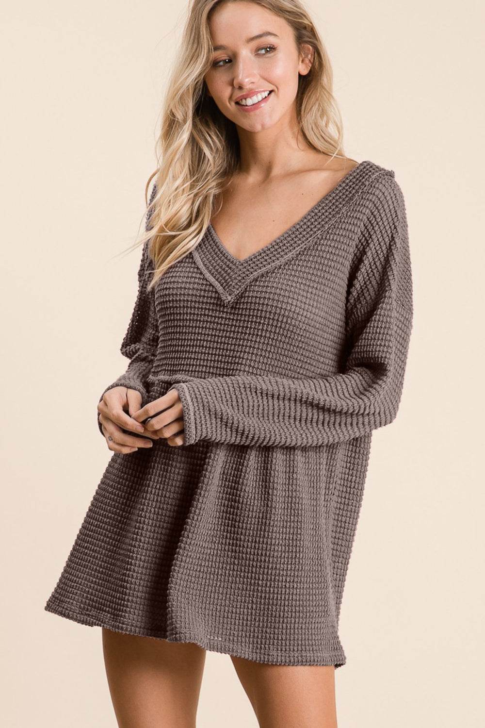 BiBi Waffle Knit V-Neck Babydoll Blouse - DaTrendStore.Com