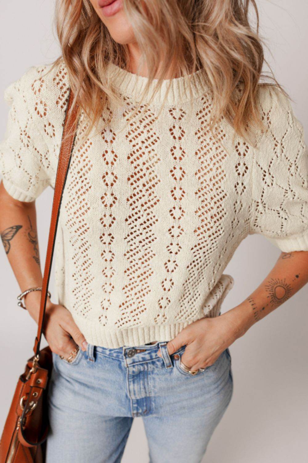 Hollowed Round Neck Half Sleeve Sweater - DaTrendStore.Com