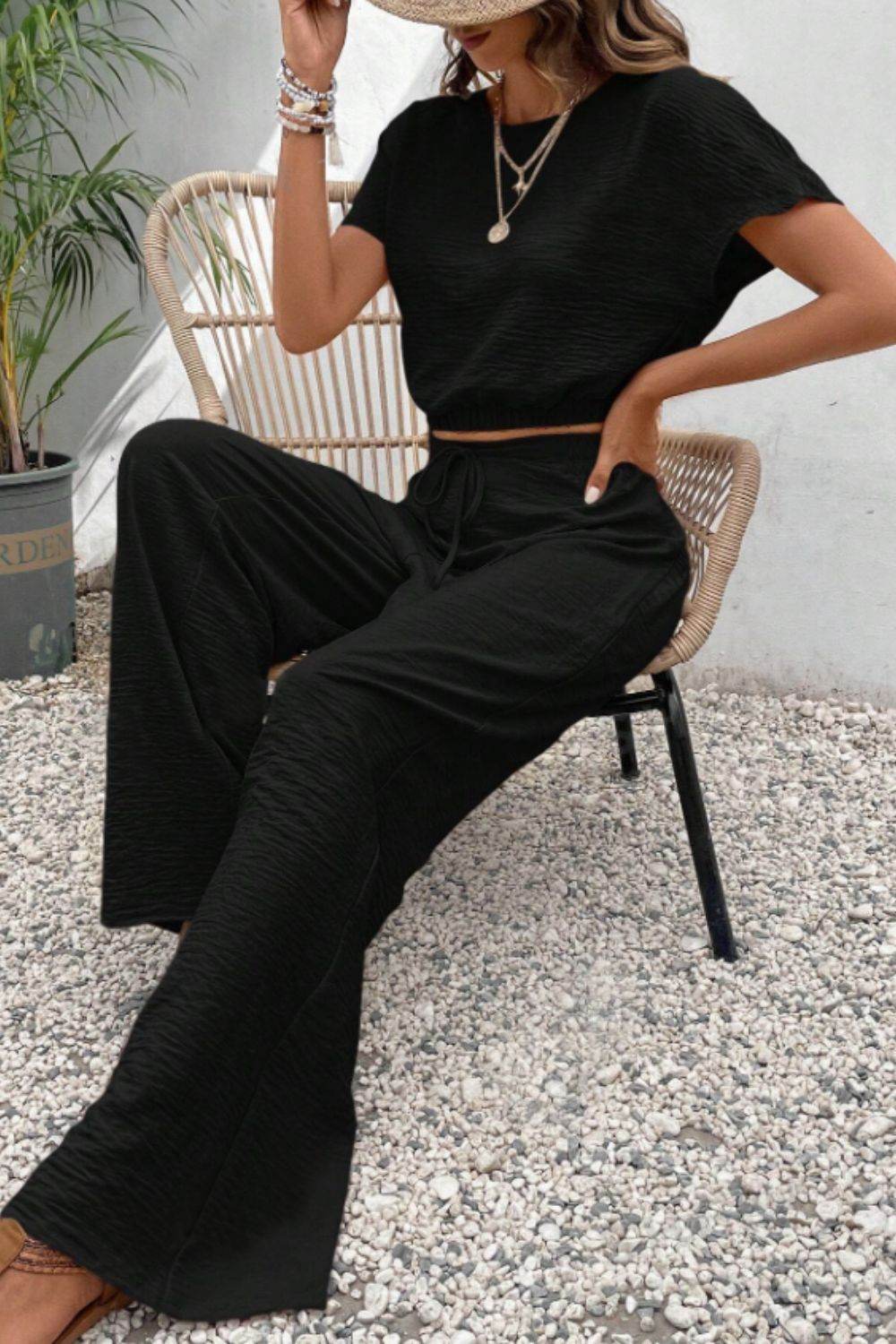 Round Neck Short Sleeve Top and Pants Set - DaTrendStore.Com