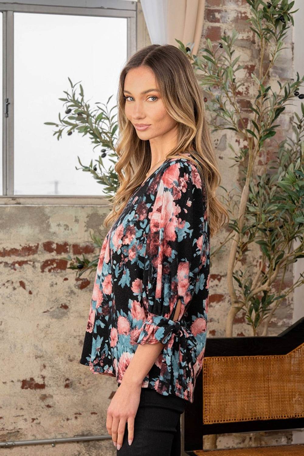 Sew In Love Full Size Floral V-Neck Top with Sleeve Knot - DaTrendStore.Com