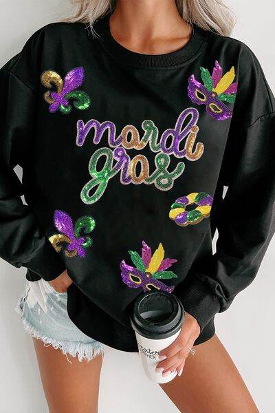 MARDI GRAS Sequin Round Neck Sweatshirt - DaTrendStore.Com