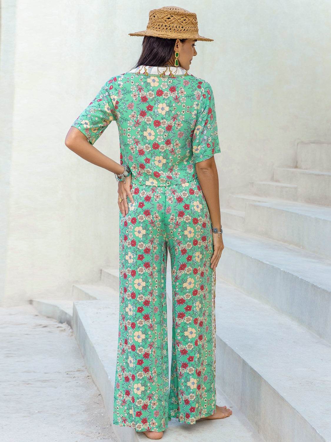 Printed Half Sleeve Top and Wide Leg Pants Set - DaTrendStore.Com