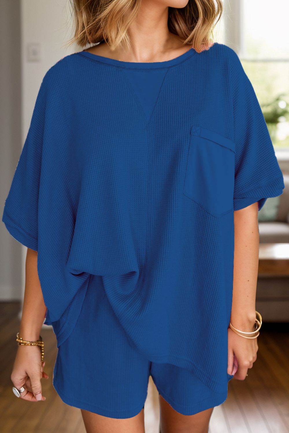 Waffle-Knit Half Sleeve Top and Shorts Set - DaTrendStore.Com
