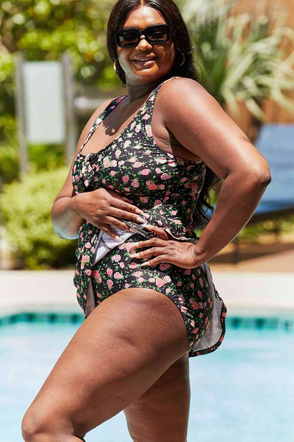 Marina West Swim Full Size Clear Waters Swim Dress in Black Roses - DaTrendStore.Com