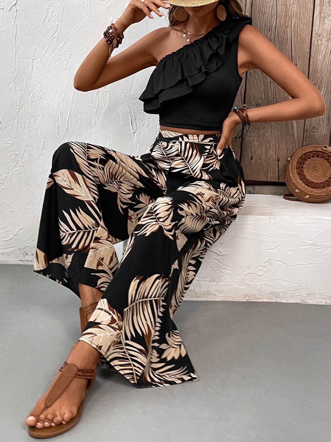 Honey Ruffled Sleeveless Top and Printed Pants Set - DaTrendStore.Com