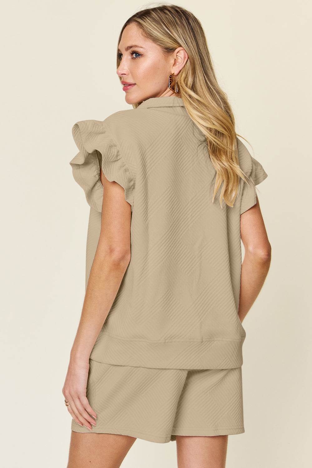 Double Take Full Size Texture Flounce Sleeve Top and Drawstring Shorts Set - DaTrendStore.Com