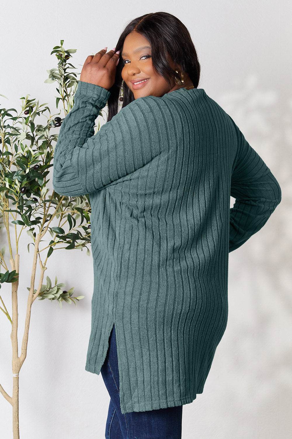 Basic Bae Full Size Ribbed Round Neck Long Sleeve Slit Top - DaTrendStore.Com