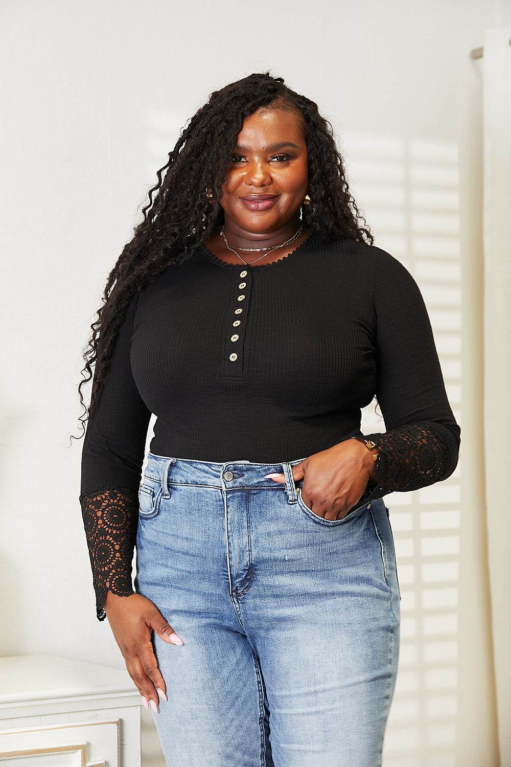 Double Take Crochet Lace Hem Sleeve Button Top - DaTrendStore.Com