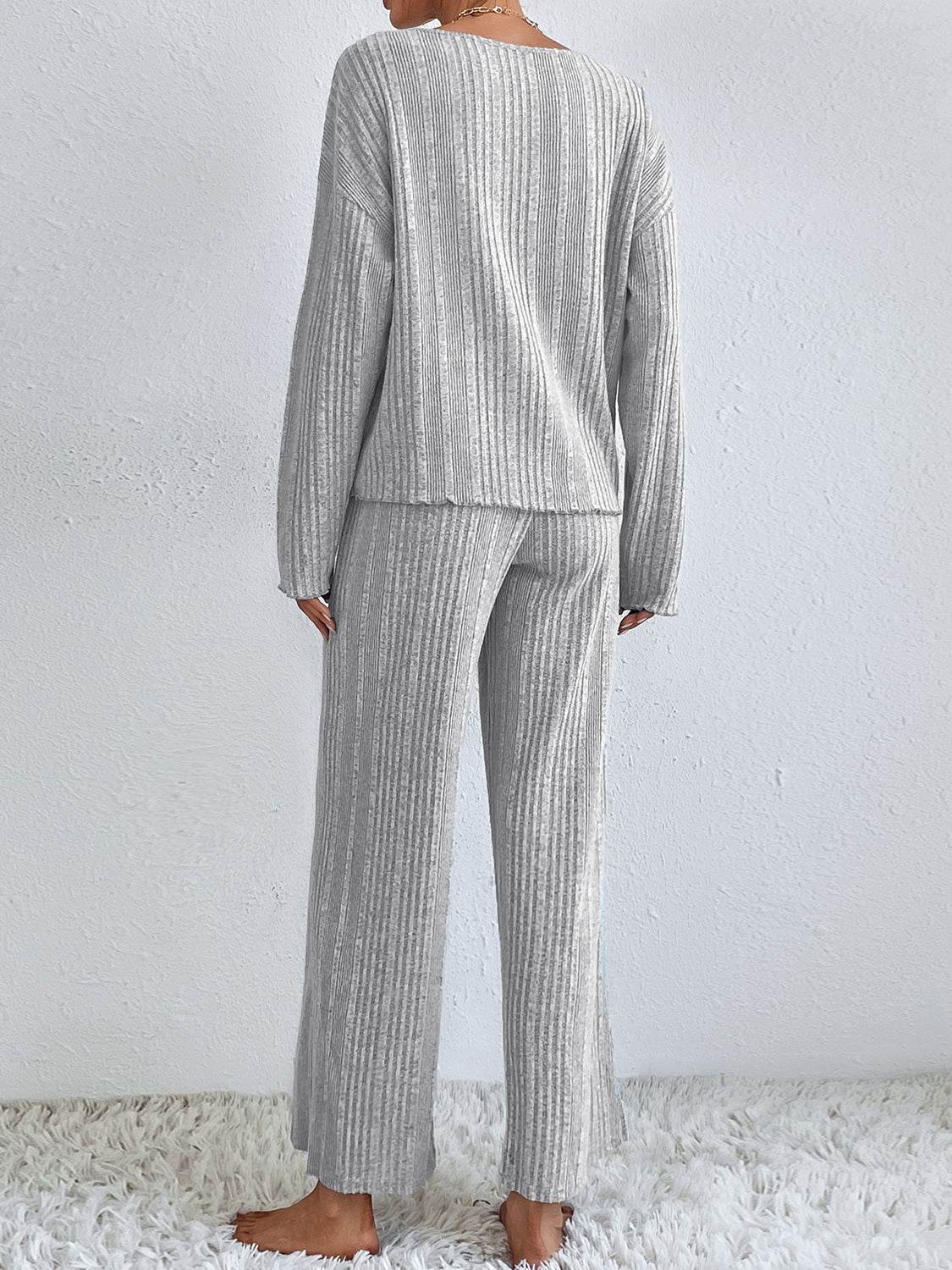 V-Neck Long Sleeve Top and Pants Set - DaTrendStore.Com