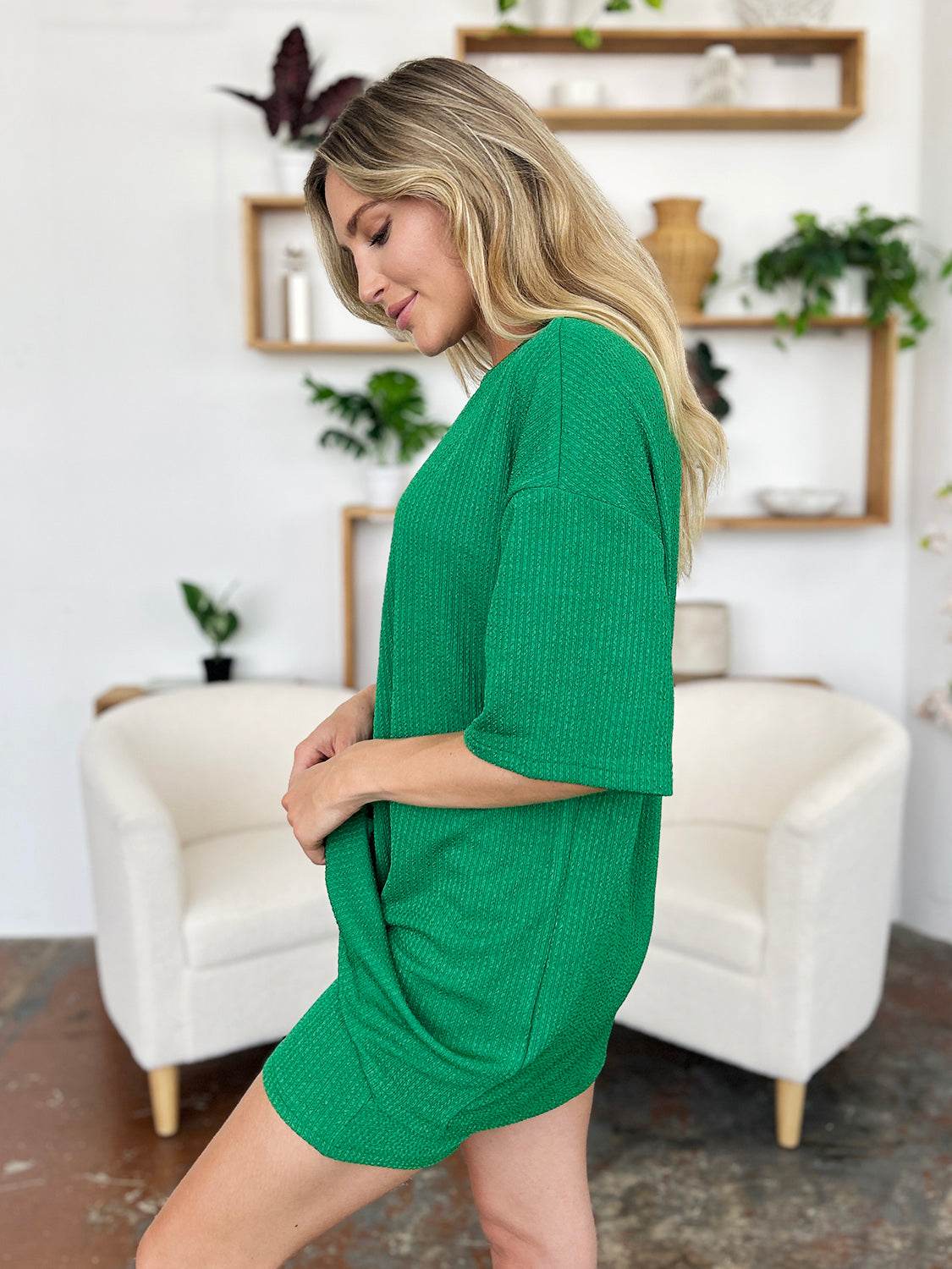 Double Take Full Size Texture Round Neck Drop Shoulder T-Shirt and Shorts Set - DaTrendStore.Com