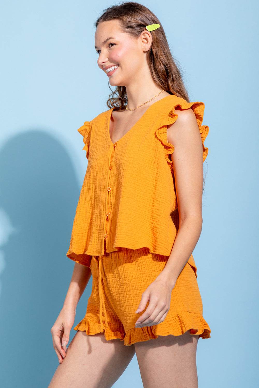 Ruffled V-Neck Cap Sleeve and Shorts Set - DaTrendStore.Com