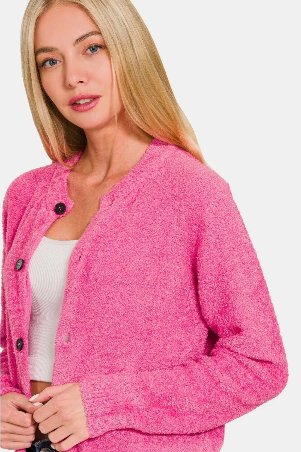 Zenana Button Down Long Sleeve Sweater Cardigan - Fuchsia