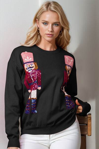 Double Take Full Size Nutcracker Sequin Long Sleeve Sweater - DaTrendStore.Com