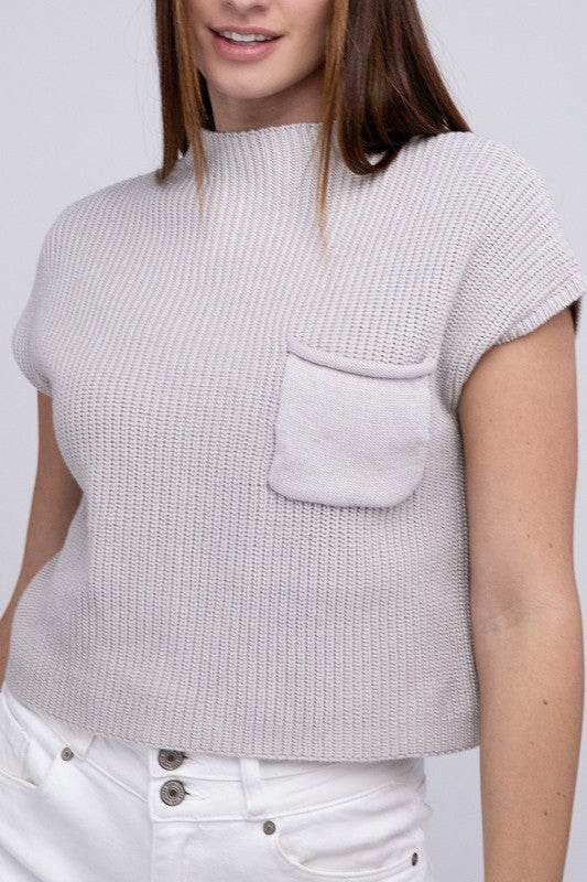 Mock Neck Short Sleeve Cropped Sweater - DaTrendStore.Com