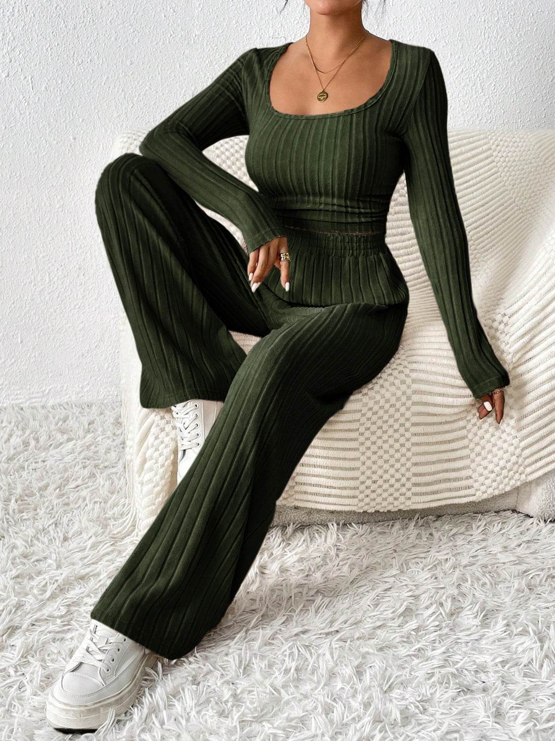 Honey Scoop Neck Long Sleeve Top and Pants Set - DaTrendStore.Com