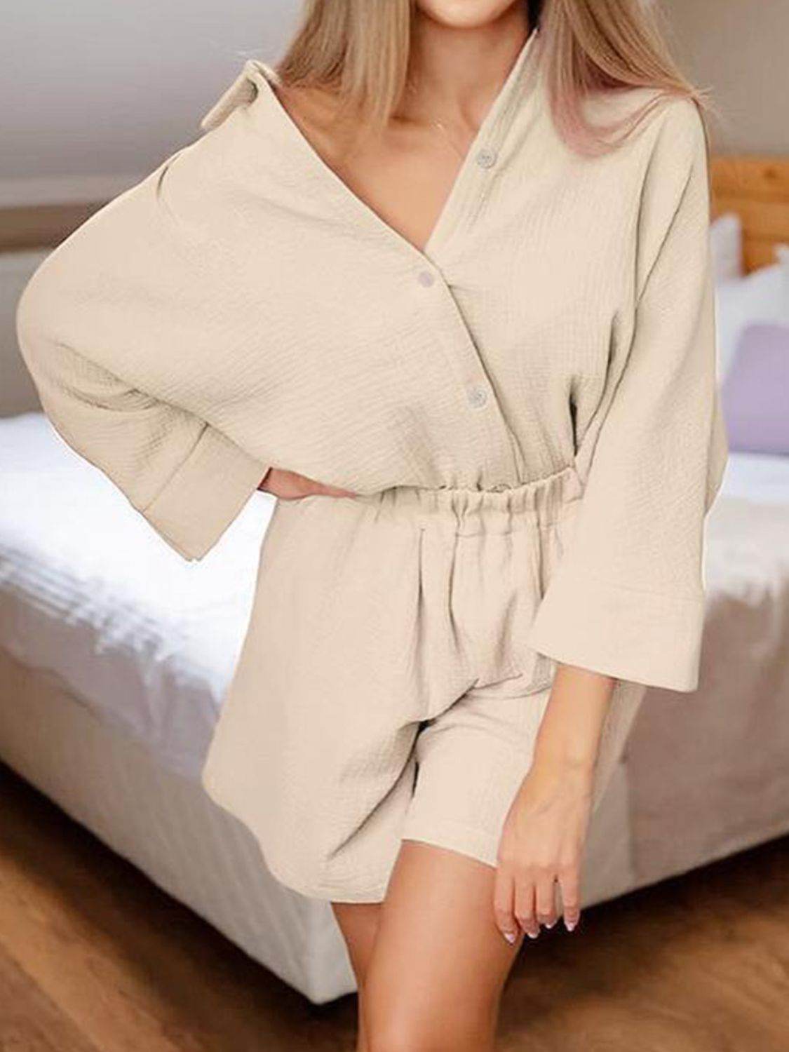 Texture Button Up Shirt and Shorts Set - DaTrendStore.Com