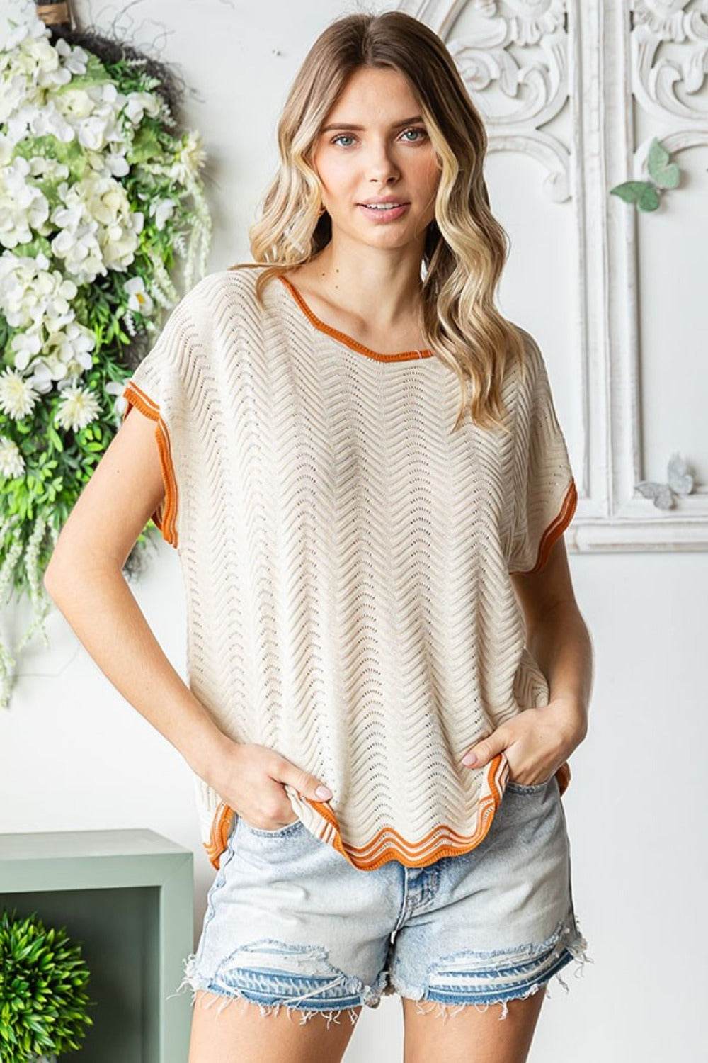 First Love Full Size Contrast Wavy Crochet Drop Shoulder Knit Top - DaTrendStore.Com