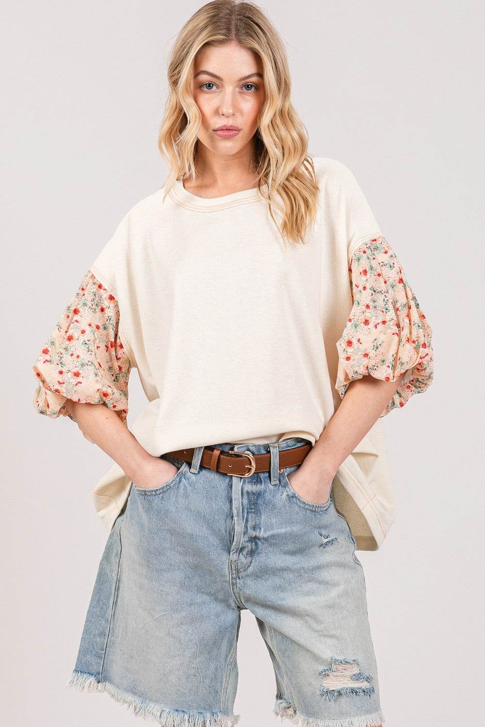 SAGE + FIG Round Neck Bubble Sleeve Oversize Top - DaTrendStore.Com