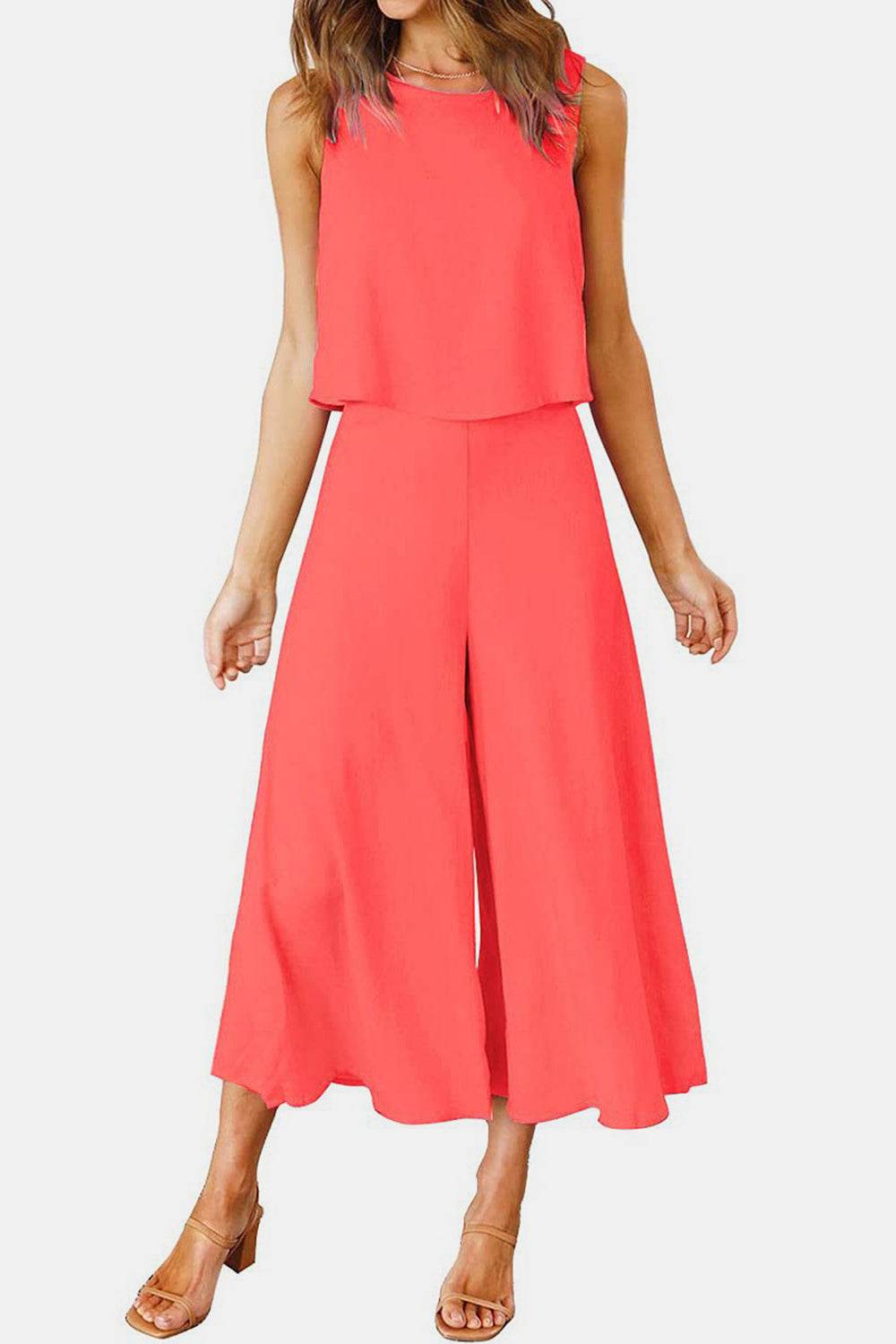 Round Neck Top and Wide Leg Pants Set - DaTrendStore.Com