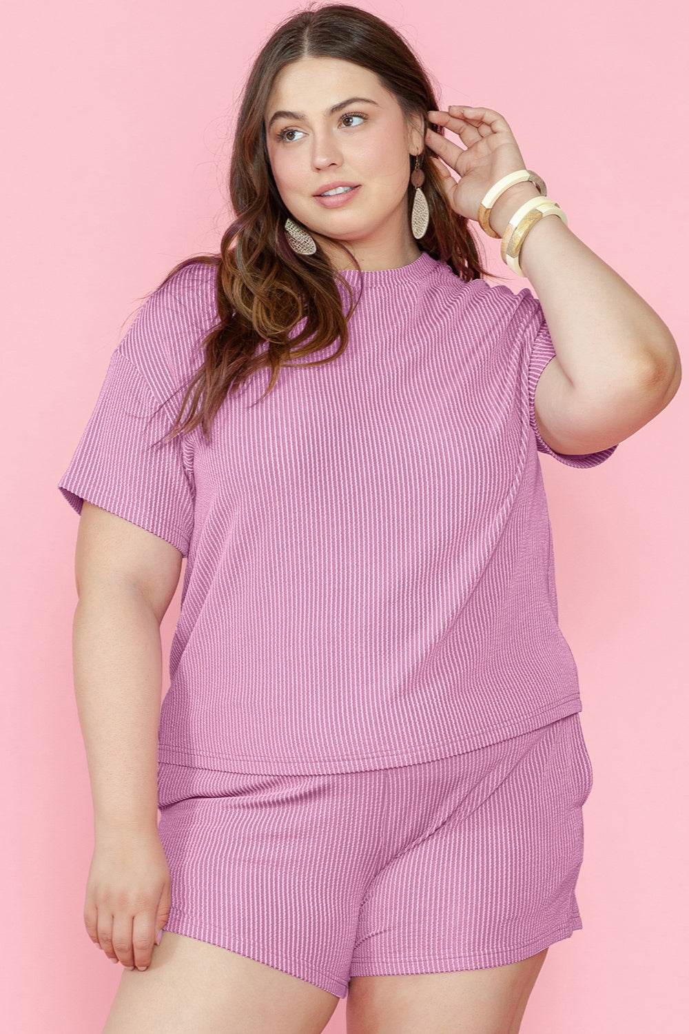 Plus Size Round Neck Short Sleeve Top and Shorts Set - DaTrendStore.Com